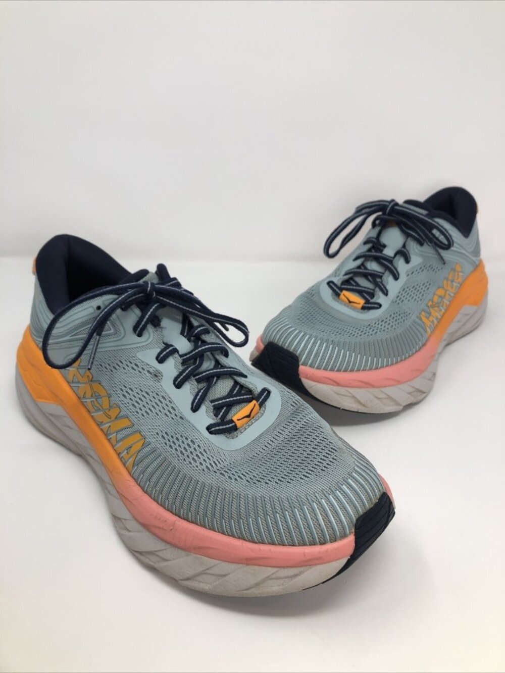 Hoka One One Shoes Womens 10.5 Bondi 7 Blue Fog Orange Walking Running Sneakers*